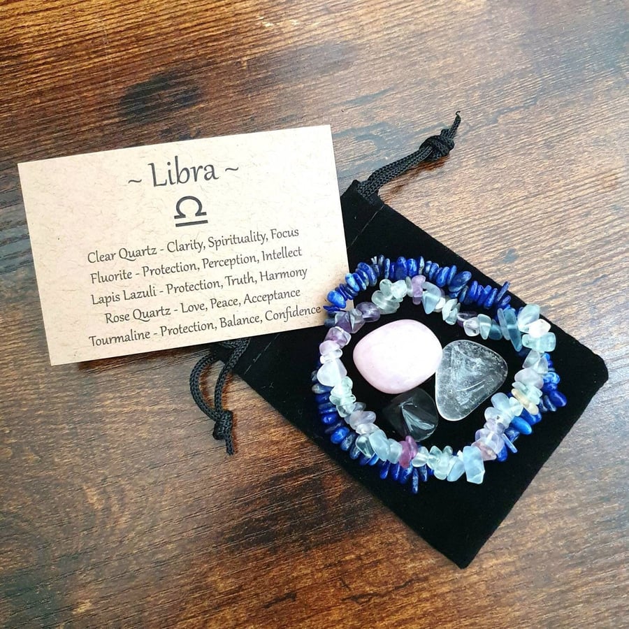 Libra Zodiac Crystal Tumblestone and Bracelet Set Horoscope Gemstone Kit