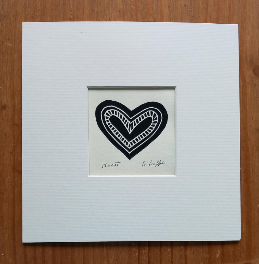 Love Heart, Black Mini Linocut, Mounted Original Lino Print, Giuliana Lazzerini