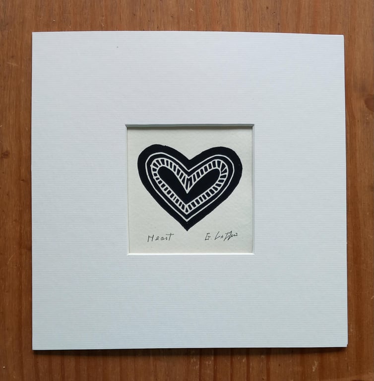 Love Heart, Black Mini Linocut, Mounted Original Lino Print, Giuliana Lazzerini