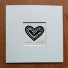 Love Heart, Black Mini Linocut, Mounted Original Lino Print, Giuliana Lazzerini