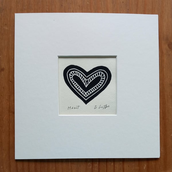 Love Heart, Black Mini Linocut, Mounted Original Lino Print, Giuliana Lazzerini