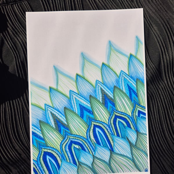 Abstract Art Print - A4 Unframed Zentangle - Peacock