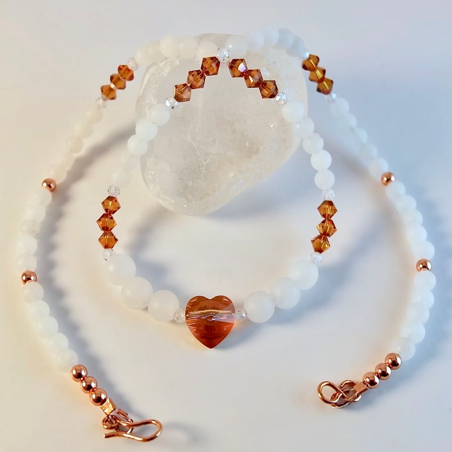 White Jade And White Zircon Necklace With Swarovski 'Crystal Copper' Heart.