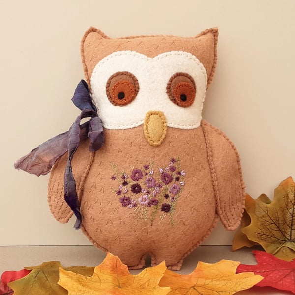 Woodland owl, prototype new design, hand embroidered owl, felt animal doll