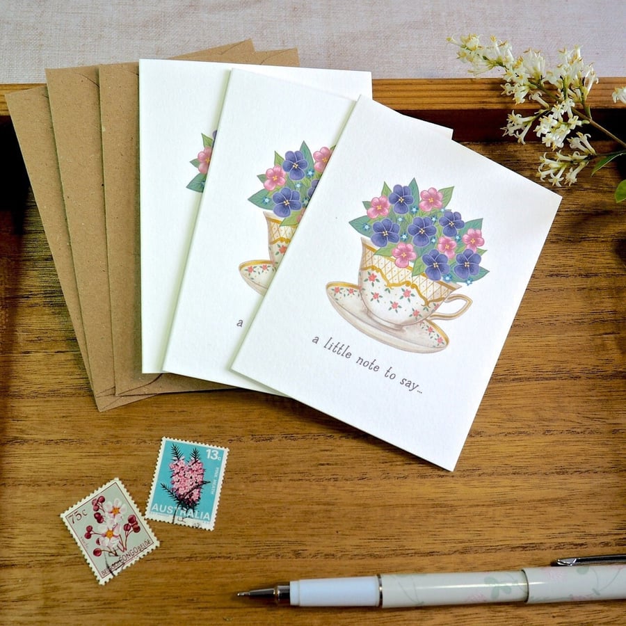 Image of Set of 3 Violets Teacup MIni Notecards 