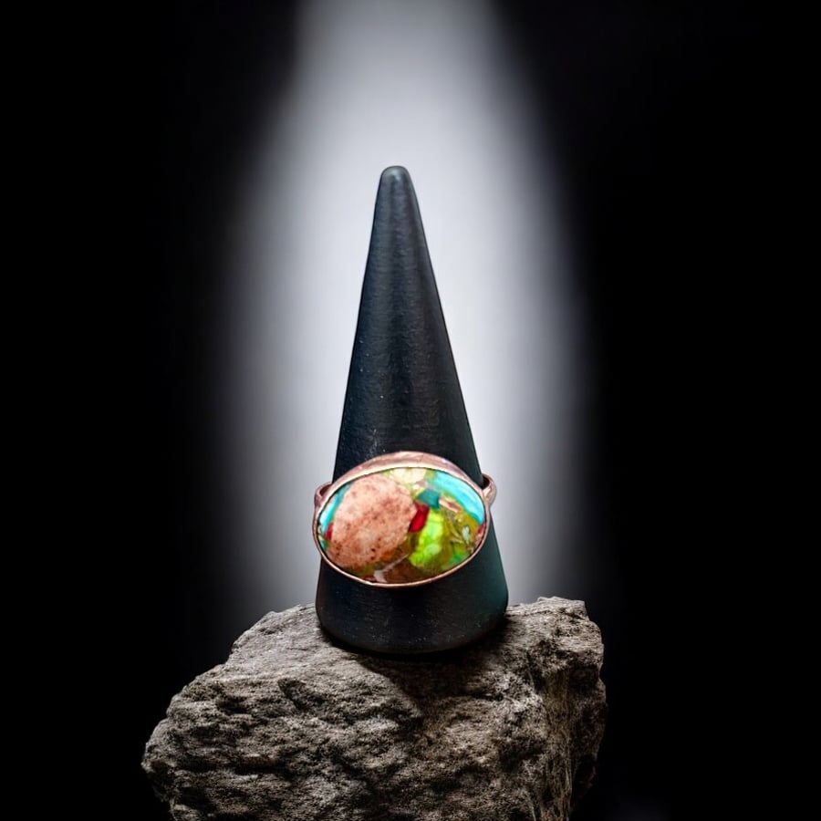 Copper Plus Size Ring - Imperial Jasper Oval Cabochon - Size U 