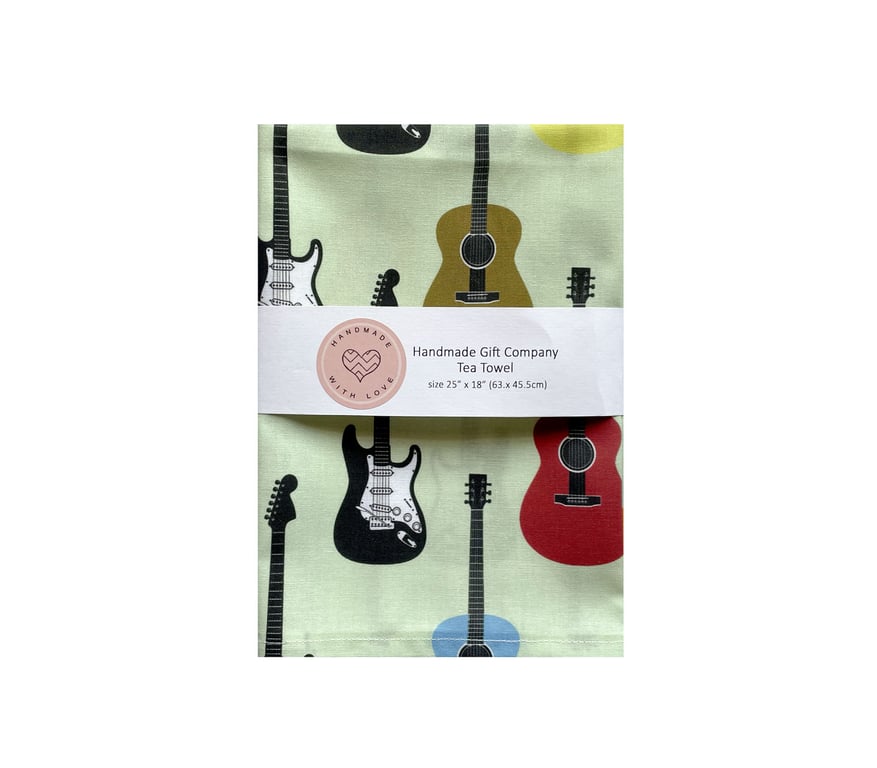 Fabric Handmade Pretty Cotton Tea Towel with a Coloured Guitar Design.