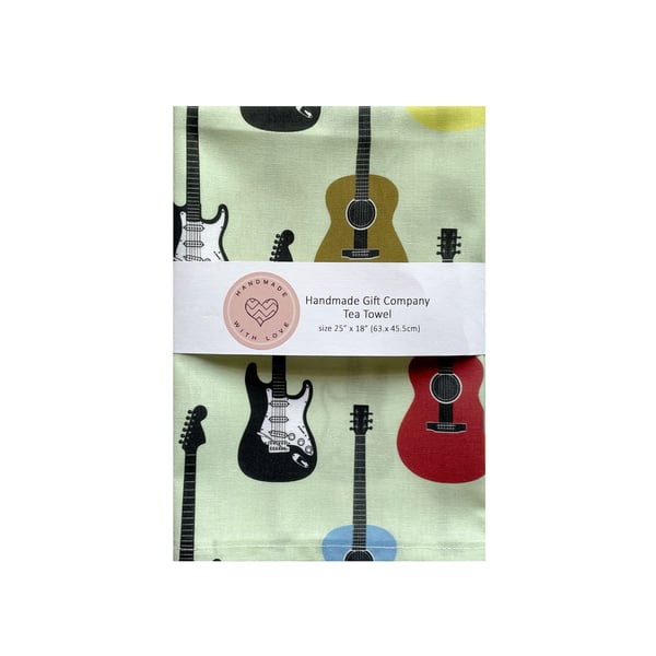 Fabric Handmade Pretty Cotton Tea Towel with a Coloured Guitar Design.