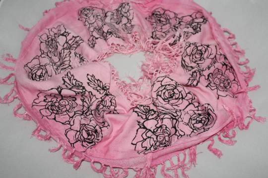 handmade pink infinity scarf, bold floral black rose printed tasseled scarf,gift
