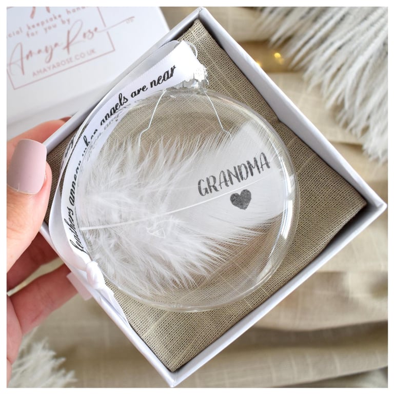 Grandma Memorial Round Feather Bauble, In Memory of Grandma, Round Glass Christm