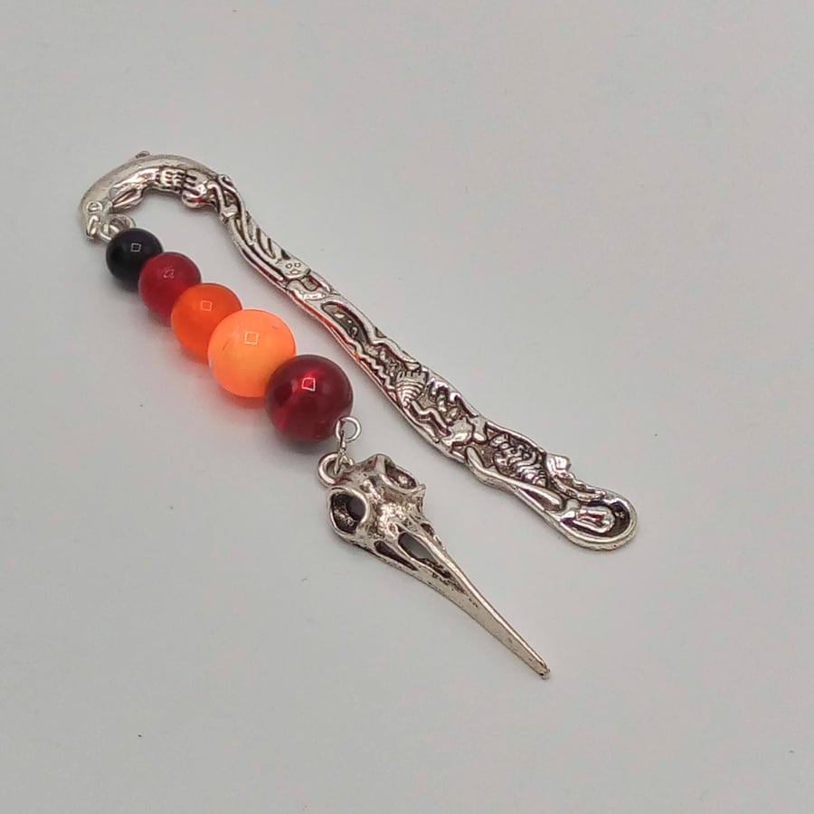 Red Orange and Black Beaded Bookmark With Bird Skull Charm, Halloween