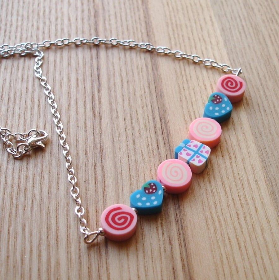 Cake and Hearts Beaded Bar and Chain Necklace