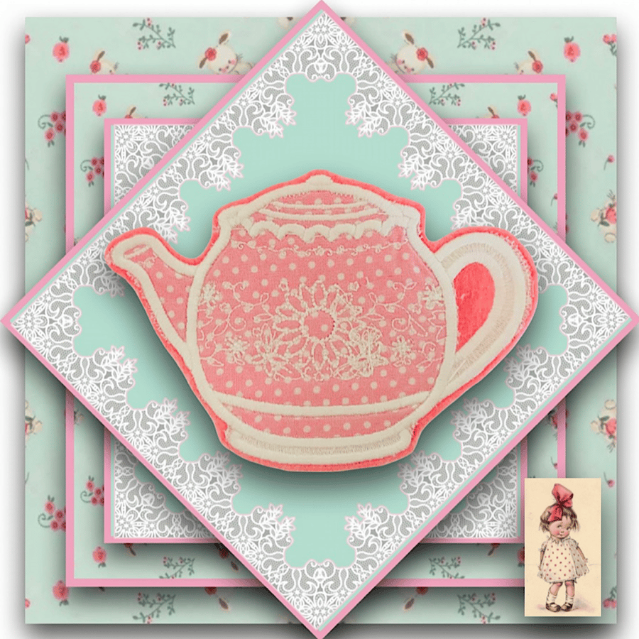 Sale Item - Pink Spotty Appliquéd and Embroidered Teapot 
