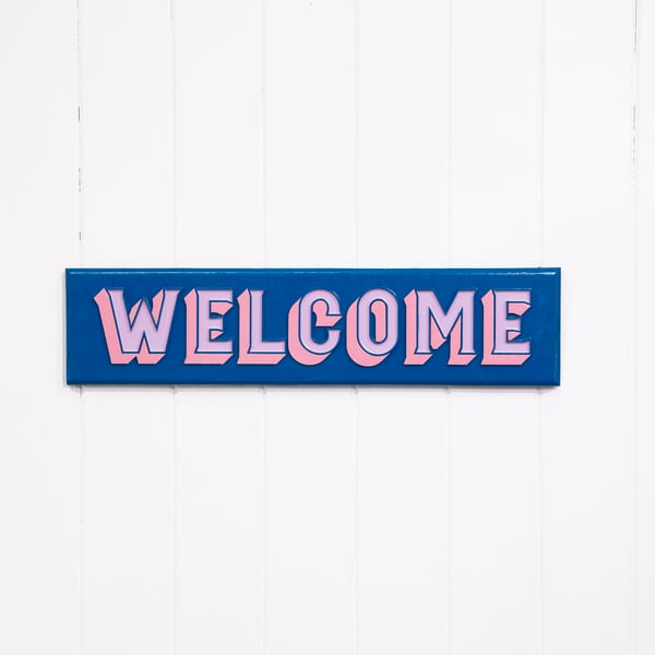 WOODEN TYPOGRAPHIC SIGN: WELCOME - FRENCH BLUE