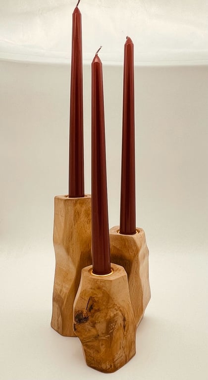 Solid beech candlestick holders, set of three