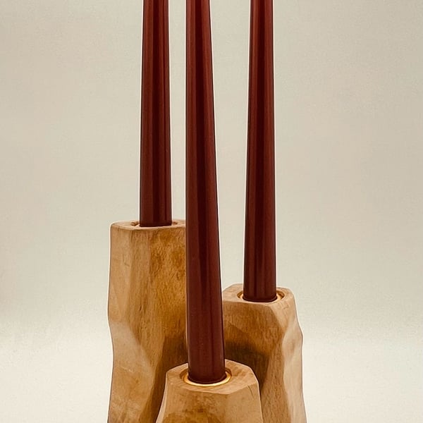 Solid beech candlestick holders, set of three