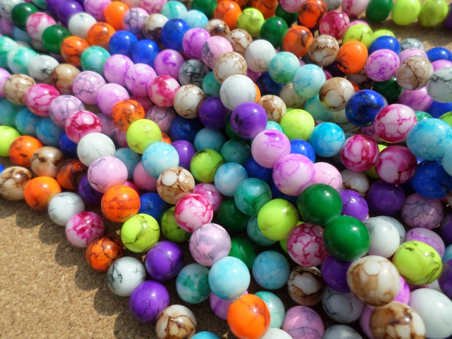 25 x Mottled Stone Effect Glass Beads - Round - 10mm - Mixed Colour 