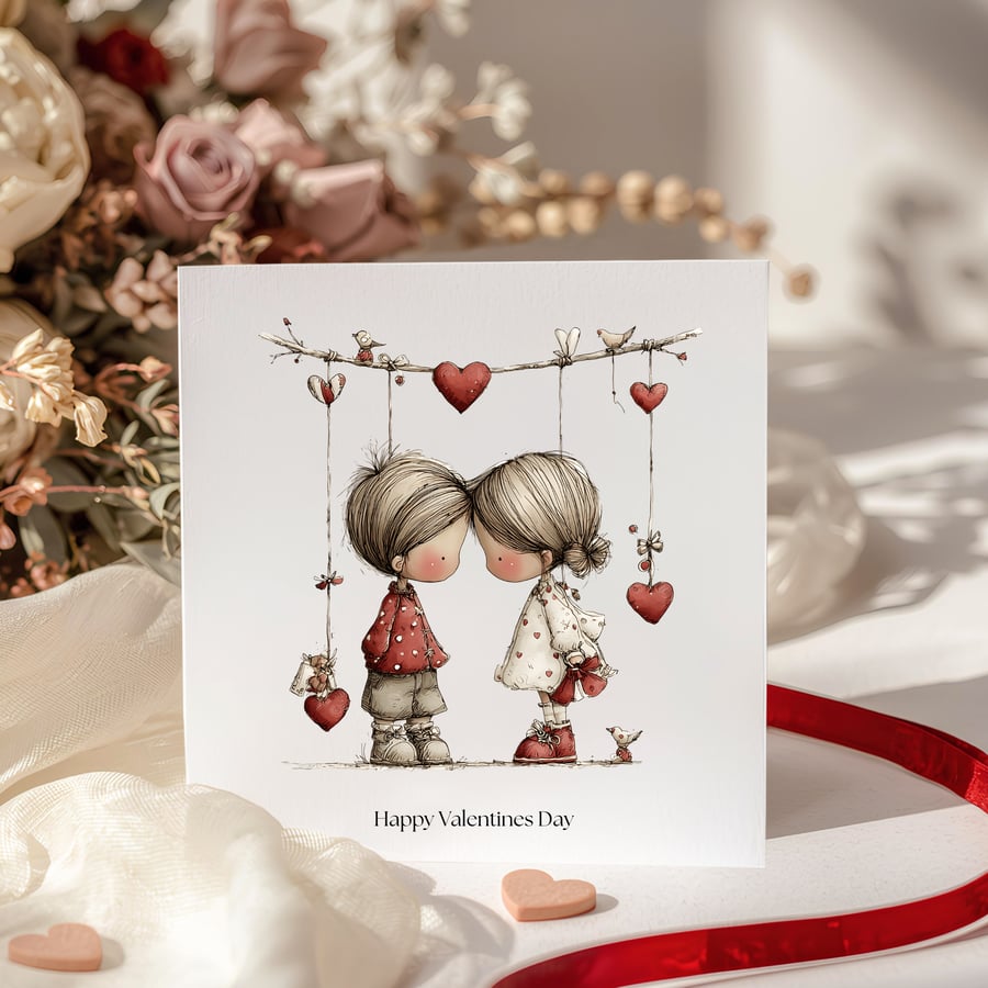 Valentines Card - Cute girl & boy with hearts and birds