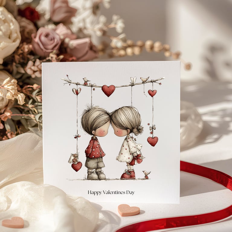 Valentines Card - Cute girl & boy with hearts and birds