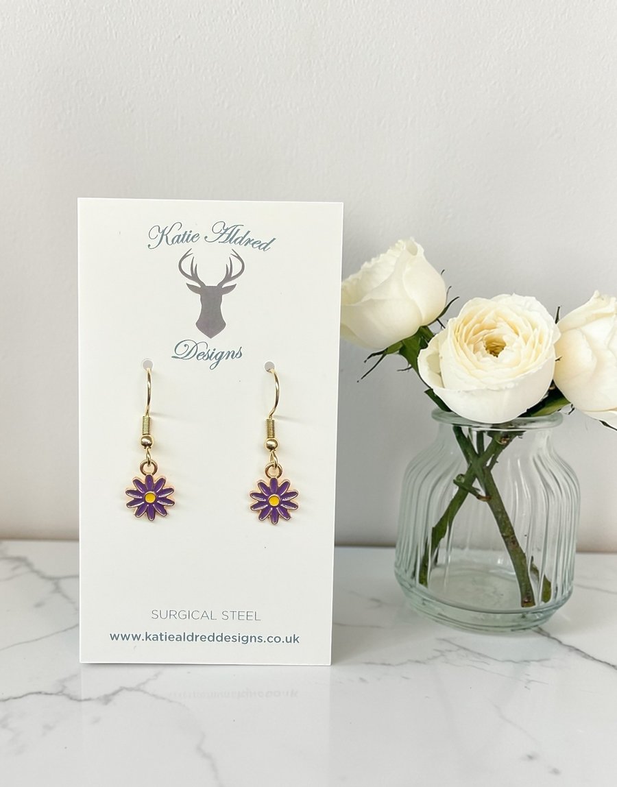 Charm Earrings - Enamel Daisy - Purple