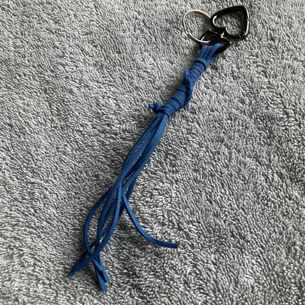 Blue Suede Keyring - Bag Charm with Gunmetal coloured Heart-shaped Carabiner cla