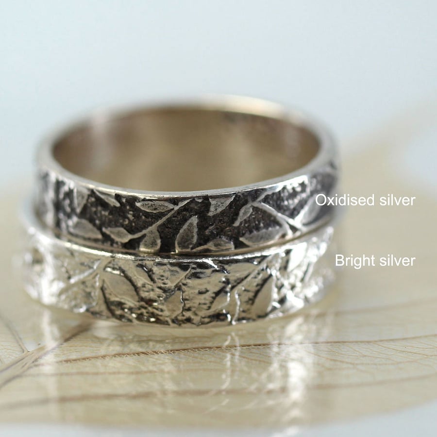 Silver Leaf Ring - Fine Scattering of Leaves Wreath Woodland Band Wedding Band