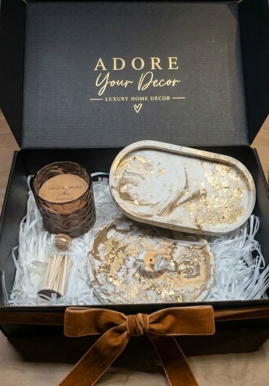 Luxury Jesmonite Gift Box: Gold Flake Marble Tray, Scented Candle & Matches