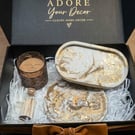 Luxury Jesmonite Gift Box: Gold Flake Marble Tray, Scented Candle & Matches
