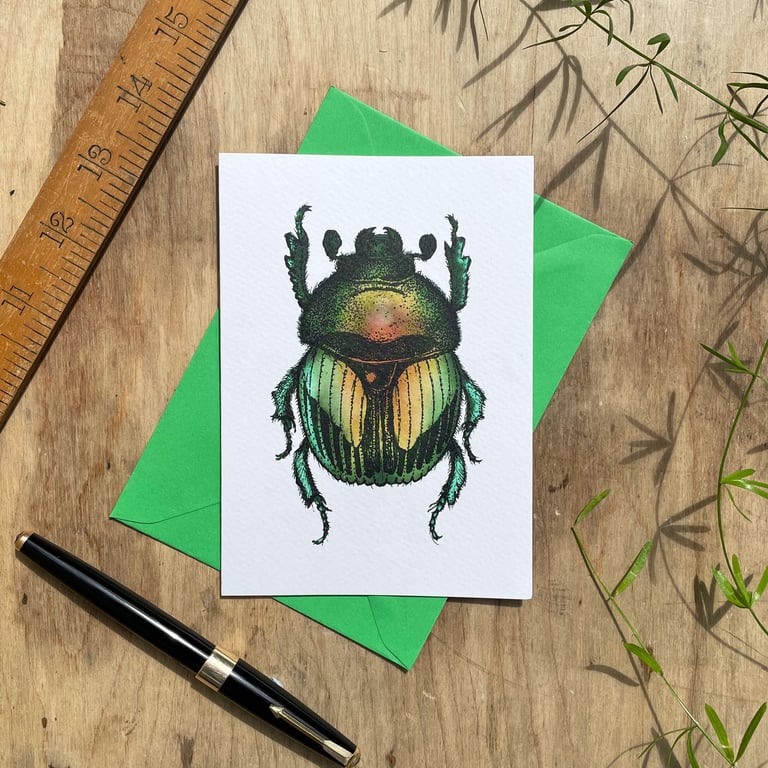 Green Beetle Illustrated Blank Greeting Card