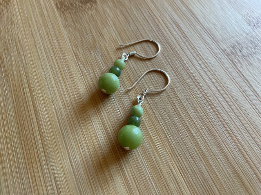 Natural green Jade and Silver gemstone drop earrings