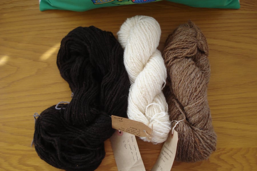 Three Hand Spun Pure Wool Hanks Brown Cream And Black