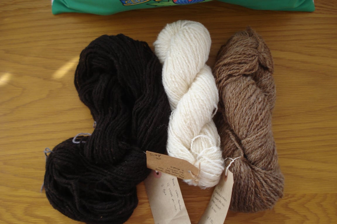 Three Hand Spun Pure Wool Hanks Brown Cream And Black