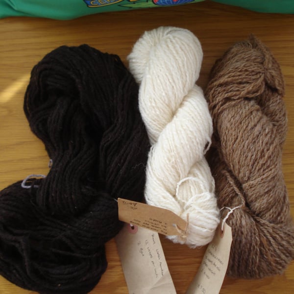Three Hand Spun Pure Wool Hanks Brown Cream And Black