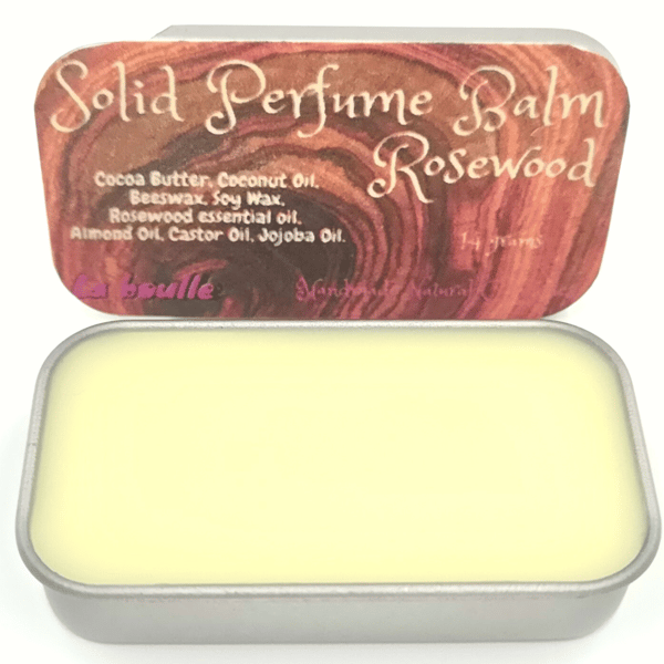 Rosewood Solid Natural Perfume Balm. For sensitive skin. Handmade. UK.