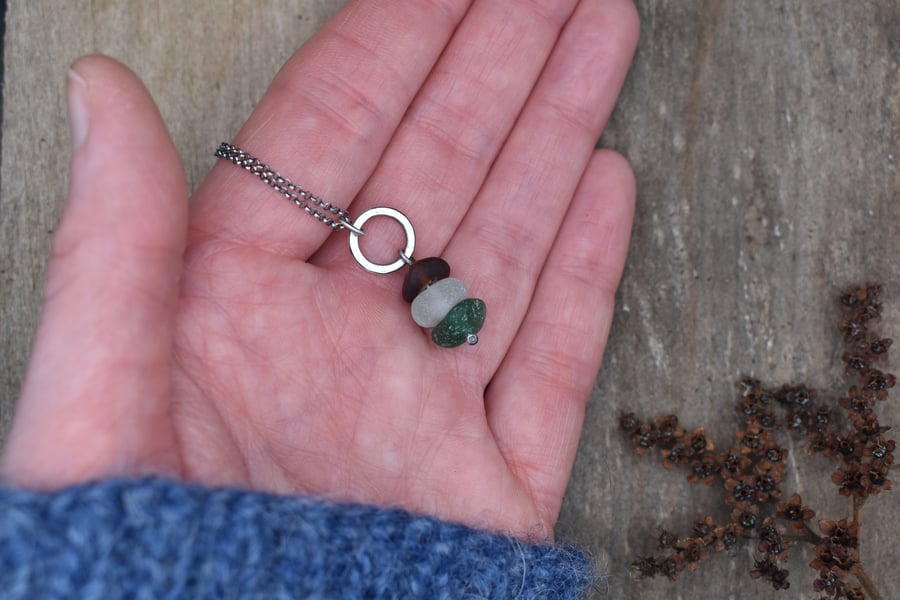 Stacked Sea Glass and Recycled Sterling Silver Necklace, Scottish Sea Glass