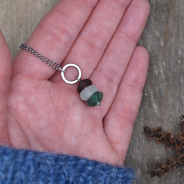 Stacked Sea Glass and Recycled Sterling Silver Necklace, Scottish Sea Glass