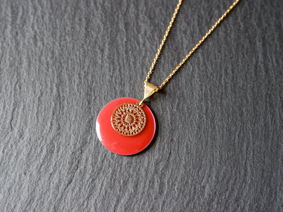 Small Red Enamel Mandala Necklace - Gold Vermeil 925 Sterling Silver 