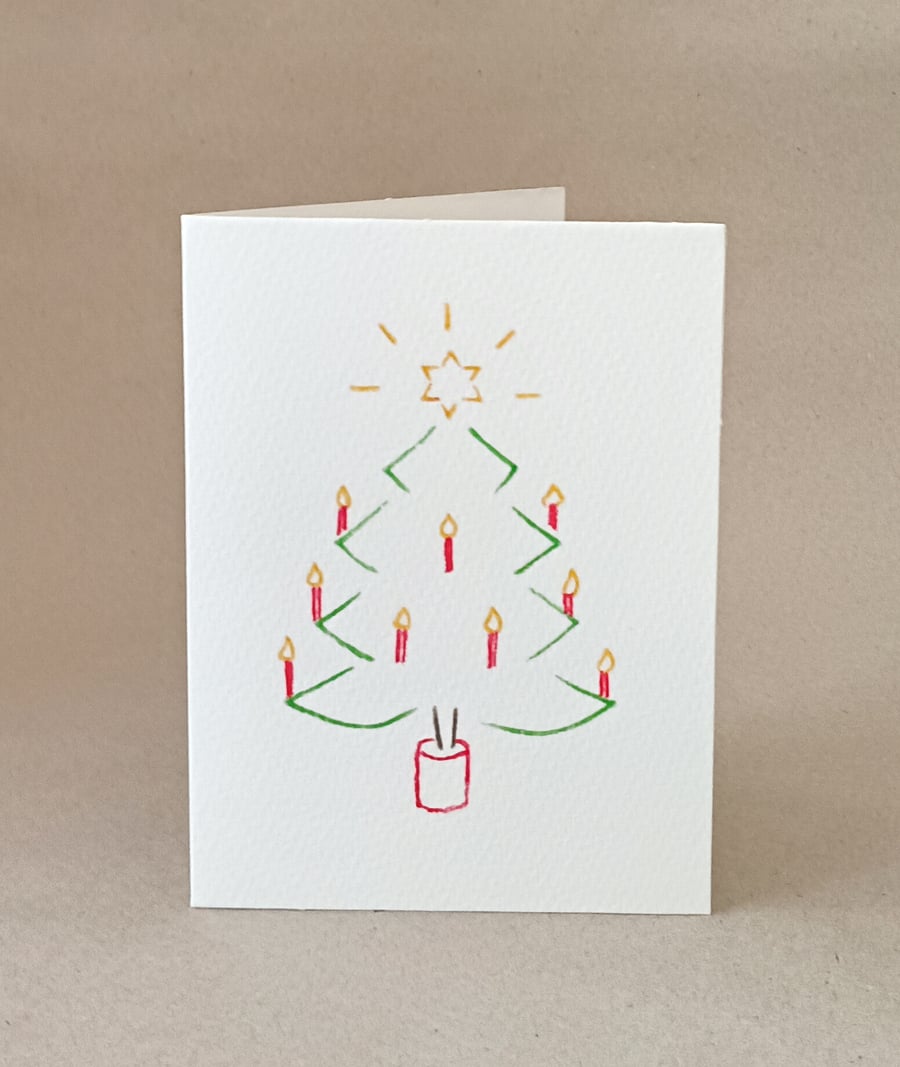 Candle Christmas Tree card hand drawn from handcut stencils, blank inside