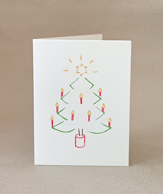 Candle Christmas Tree card hand drawn from handcut stencils, handmade