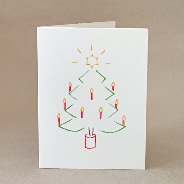 Candle Christmas Tree card hand drawn from handcut stencils, blank inside