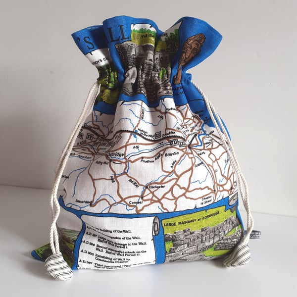 Drawstring bag upcycled from a vintage tea towel of Hadrian’s Wall
