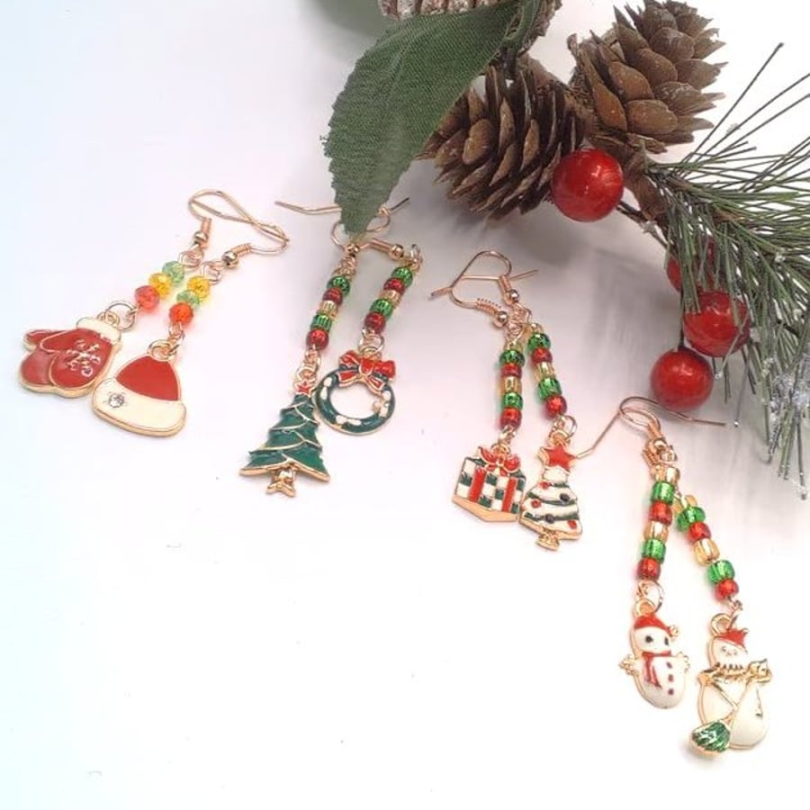 Mismatched Christmas Earrings, Secret Santa, Enamelled Charms, Secret Santa Gift