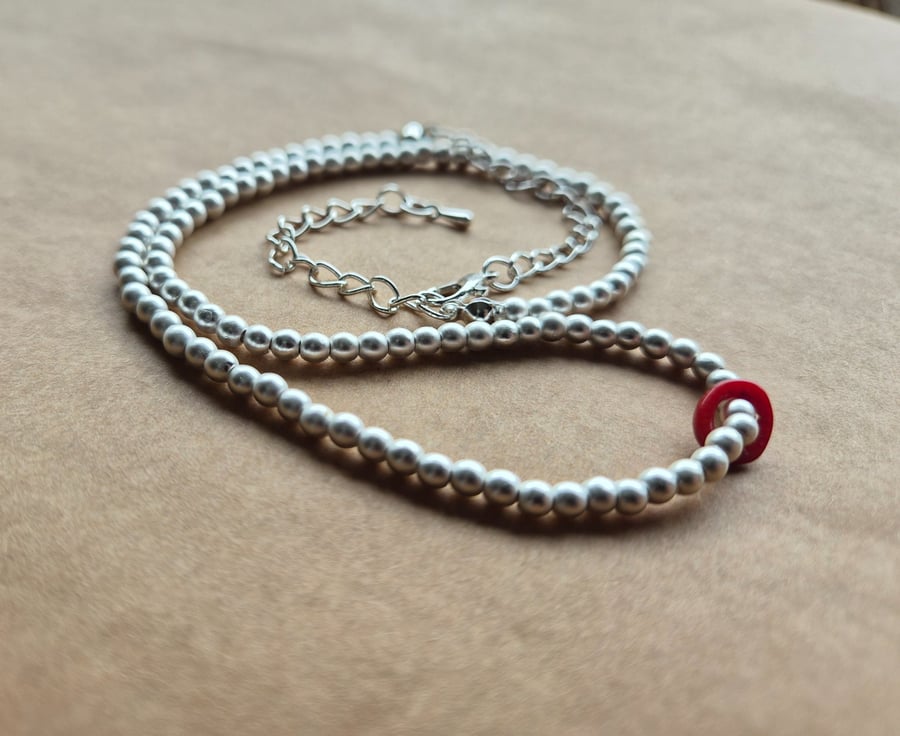 Matte Silver, dual occasion, red abstraction necklace.
