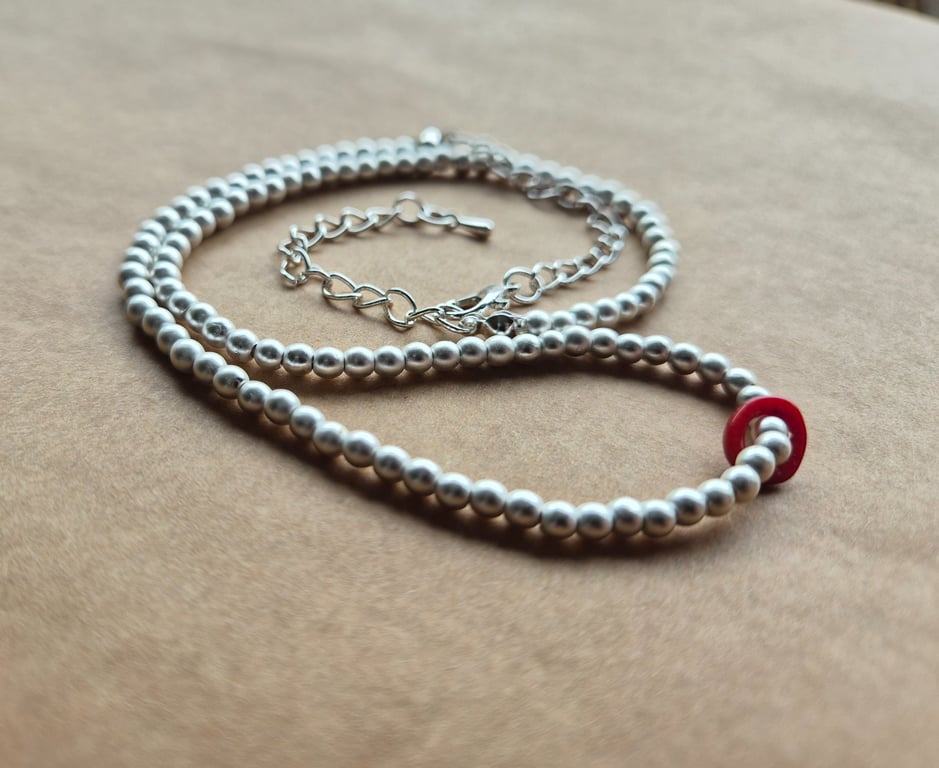 Matte Silver, dual occasion, red abstraction necklace.