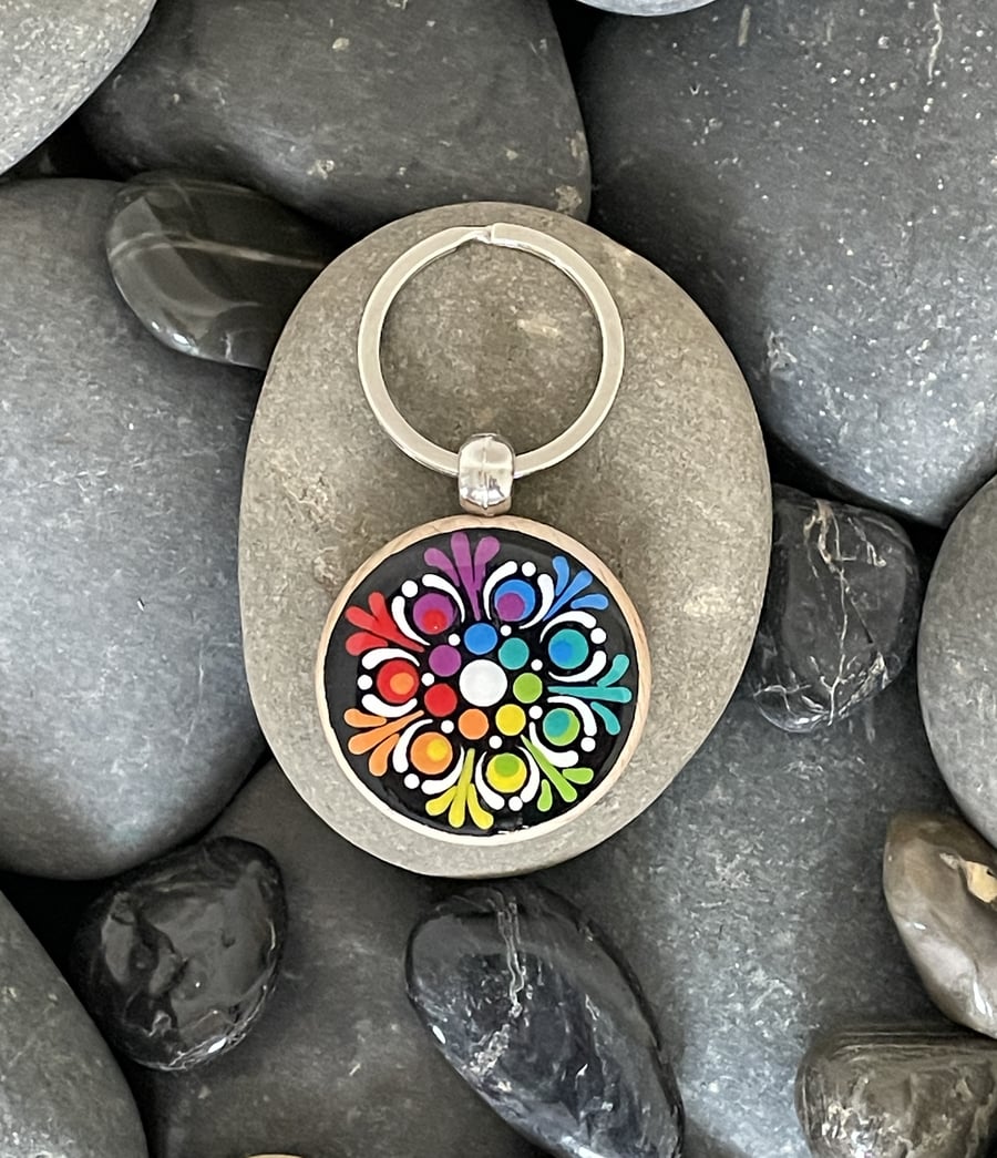 Hand Painted Keyring Mandala Acrylic Painting on Wood Original & Unique