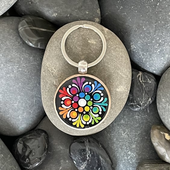 Hand Painted Keyring Mandala Acrylic Painting on Wood Original & Unique