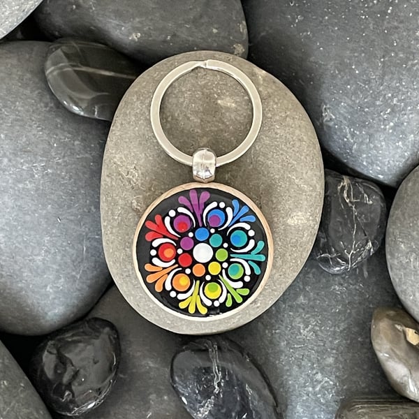 Hand Painted Keyring Mandala Acrylic Painting on Wood Original & Unique