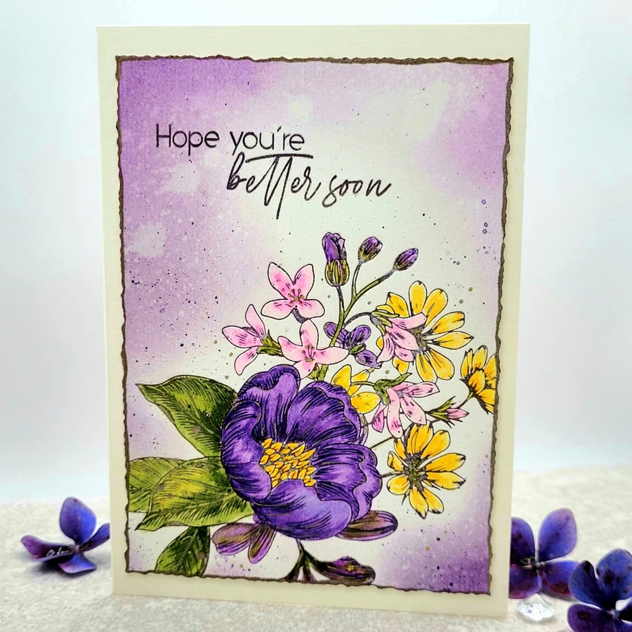 Floral Get Well Card -  textured, watercolour painted, blank for message, flower