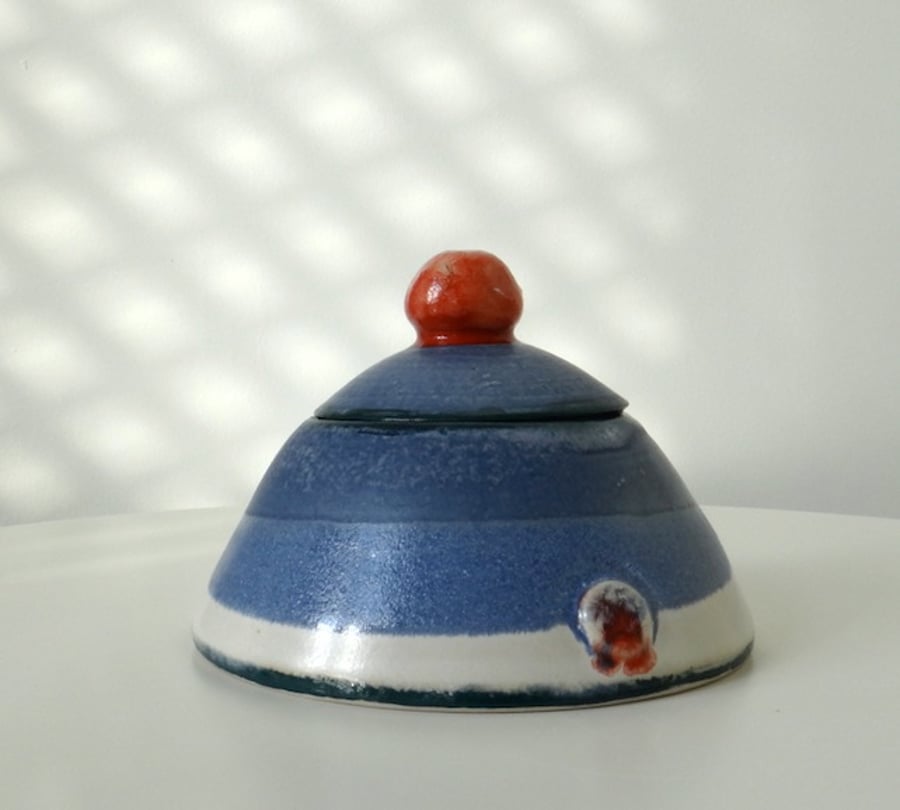 Ceramic lidded pot in red and blue - handmade stoneware pottery