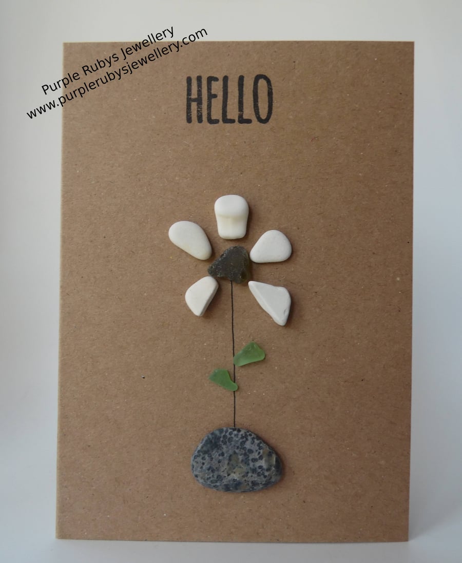 White Sea Pottery Flower in Stone Vase 'Hello' Card C305
